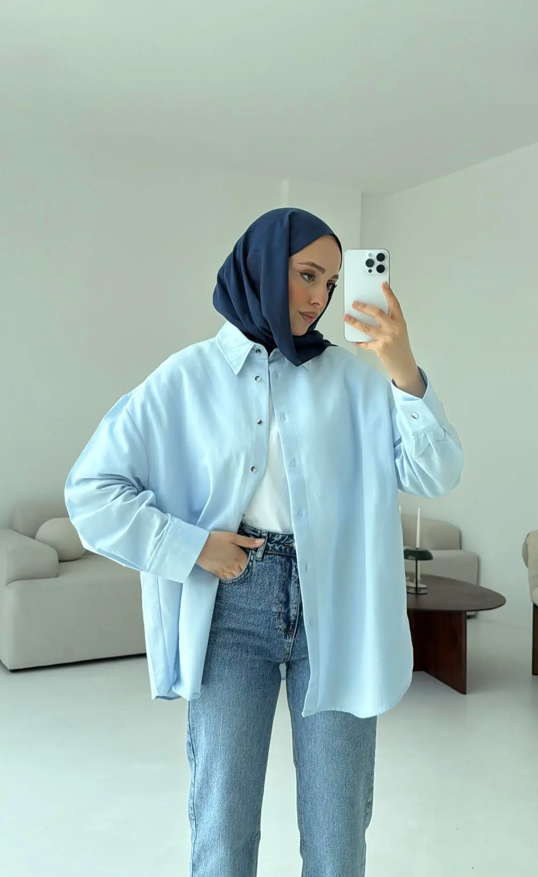 Basic Oversize  Keten Gömlek Mavi - Görsel 3