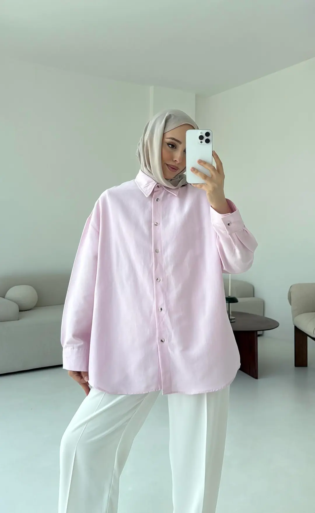 Basic Oversize  Keten Gömlek Pembe - Görsel 10