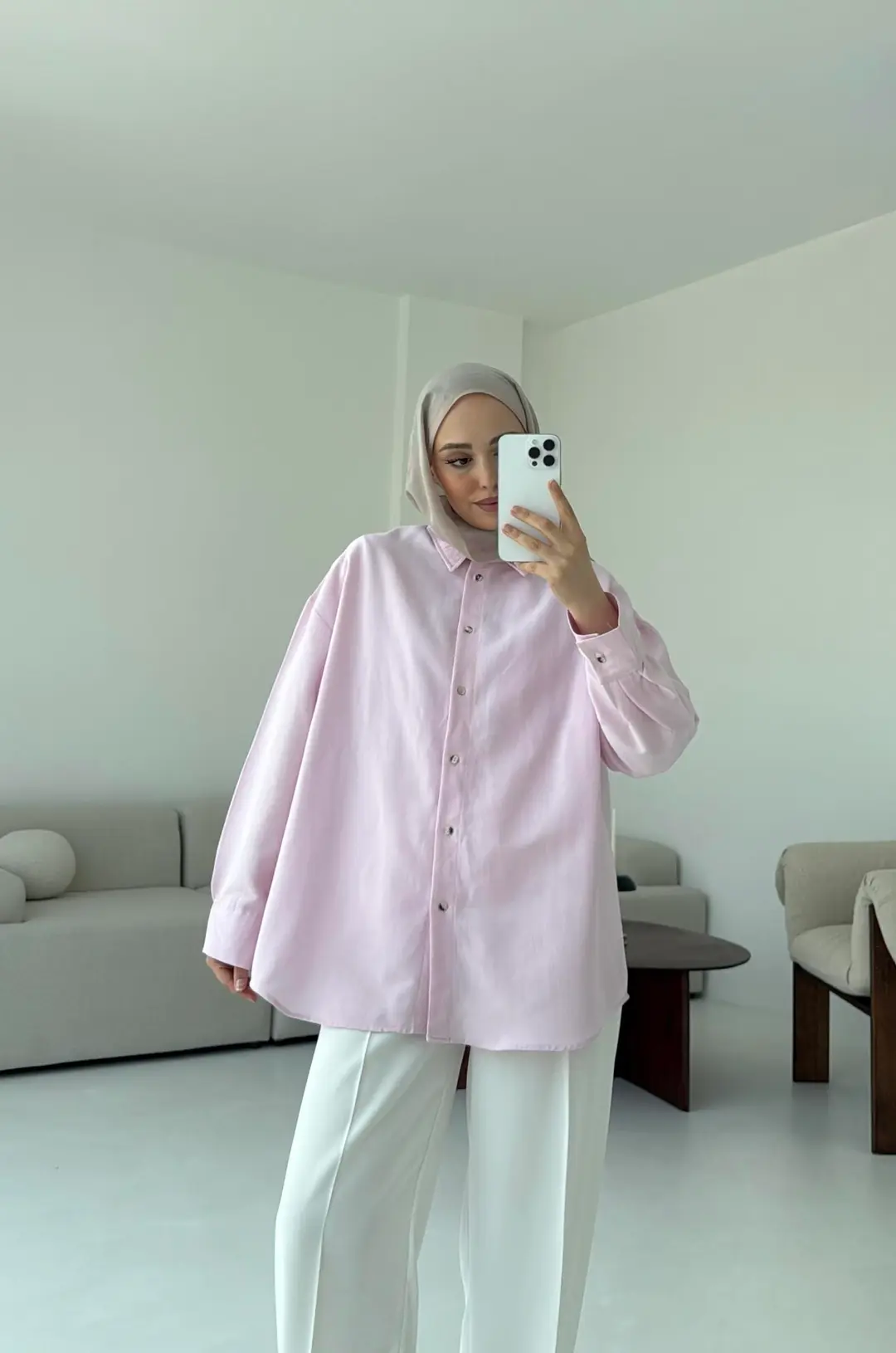 Basic Oversize  Keten Gömlek Pembe - Görsel 6