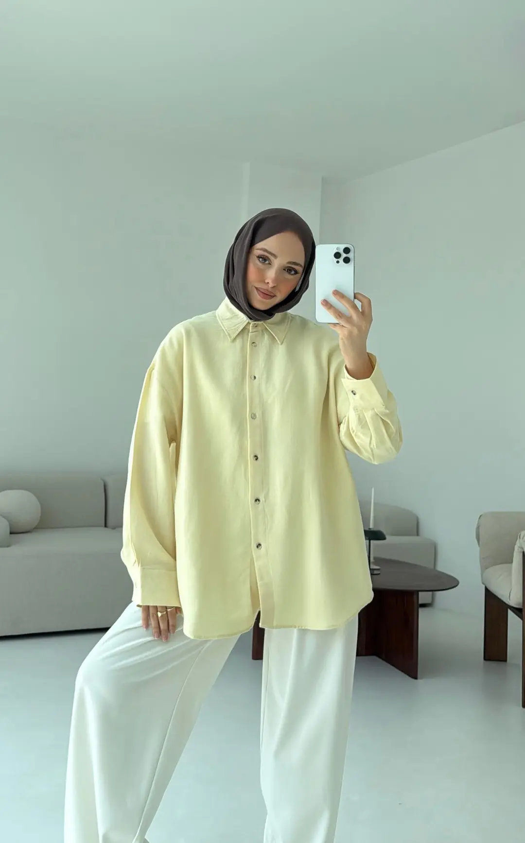 Basic Oversize  Keten Gömlek Sarı - Görsel 10