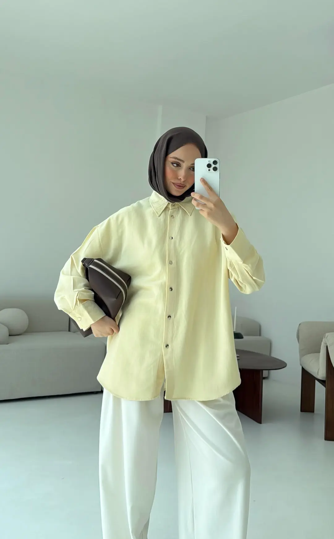 Basic Oversize  Keten Gömlek Sarı - Görsel 4