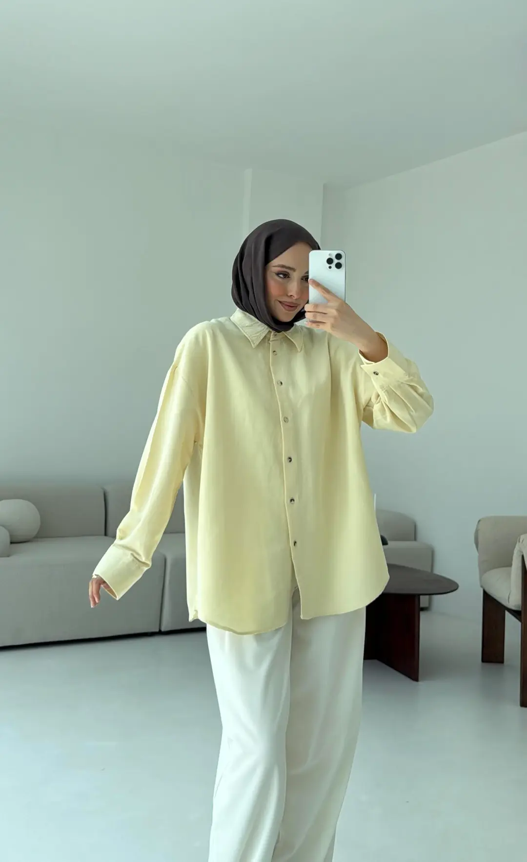 Basic Oversize  Keten Gömlek Sarı - Görsel 6