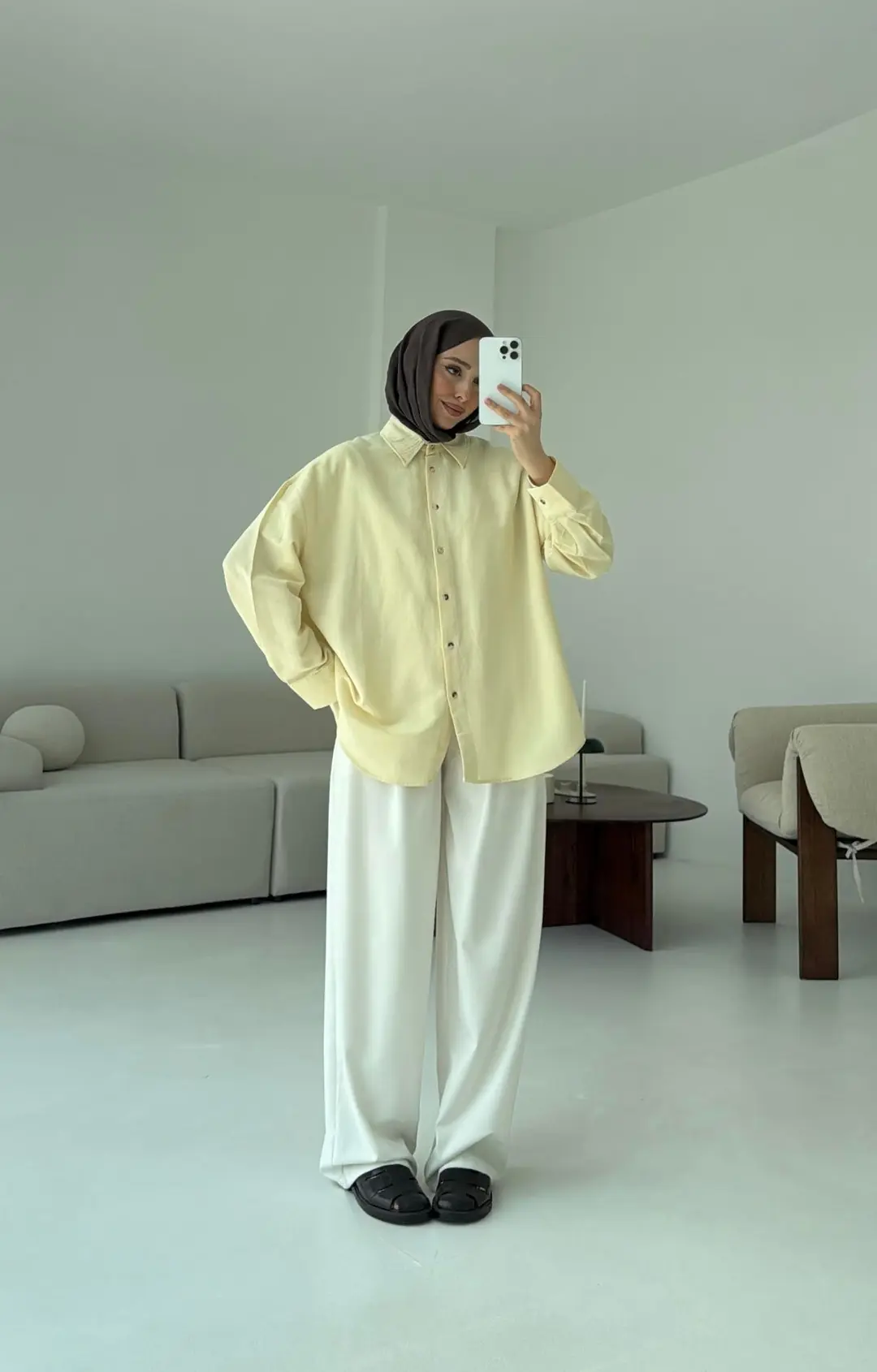 Basic Oversize  Keten Gömlek Sarı - Görsel 8