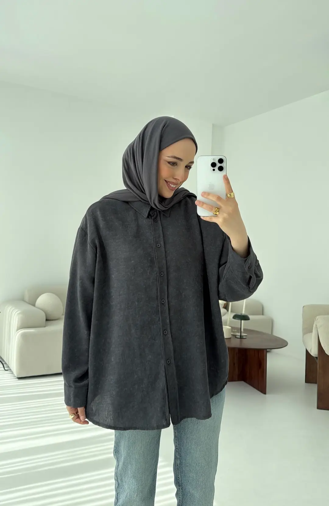 Batik Bambu Keten Gömlek Antrasit - Görsel 4