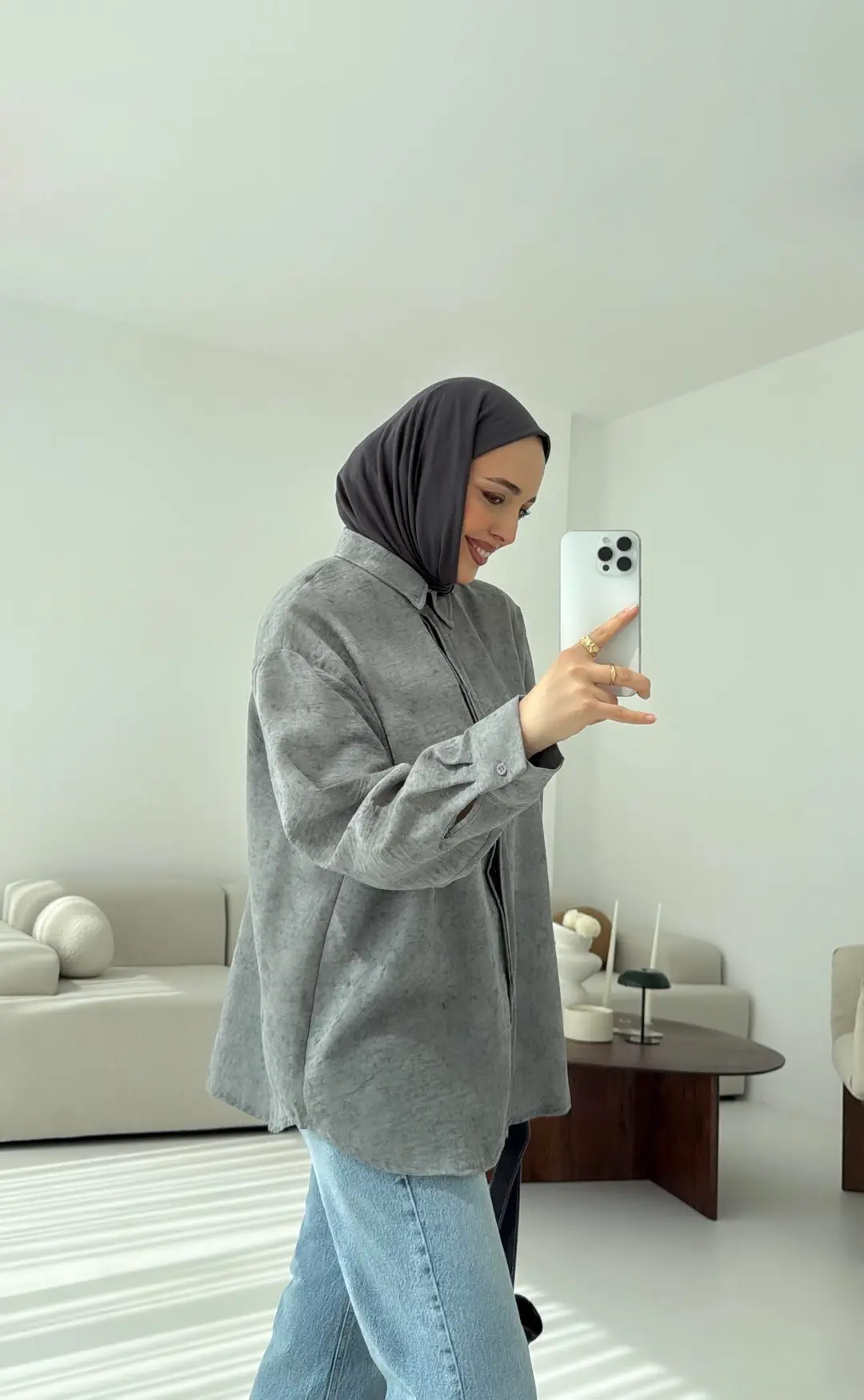 Batik Bambu Keten Gömlek Gri - Görsel 6