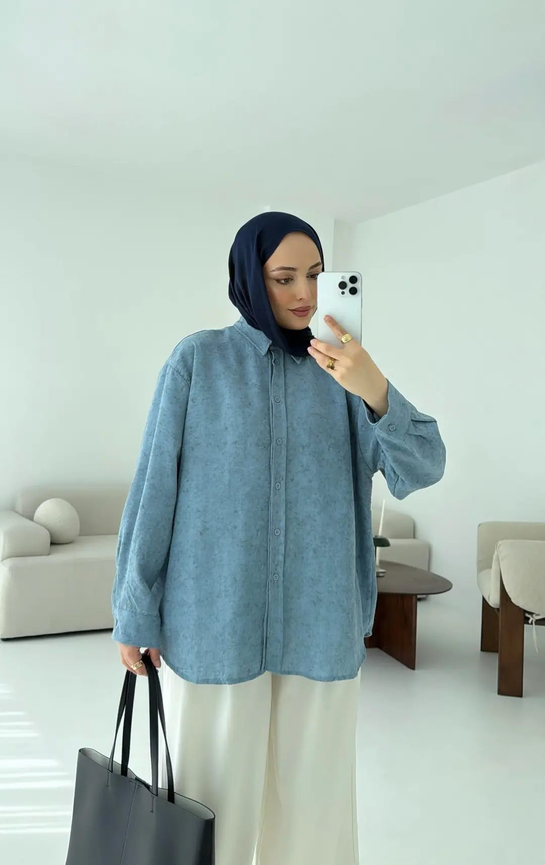 Batik Bambu Keten Gömlek Mavi - Görsel 4