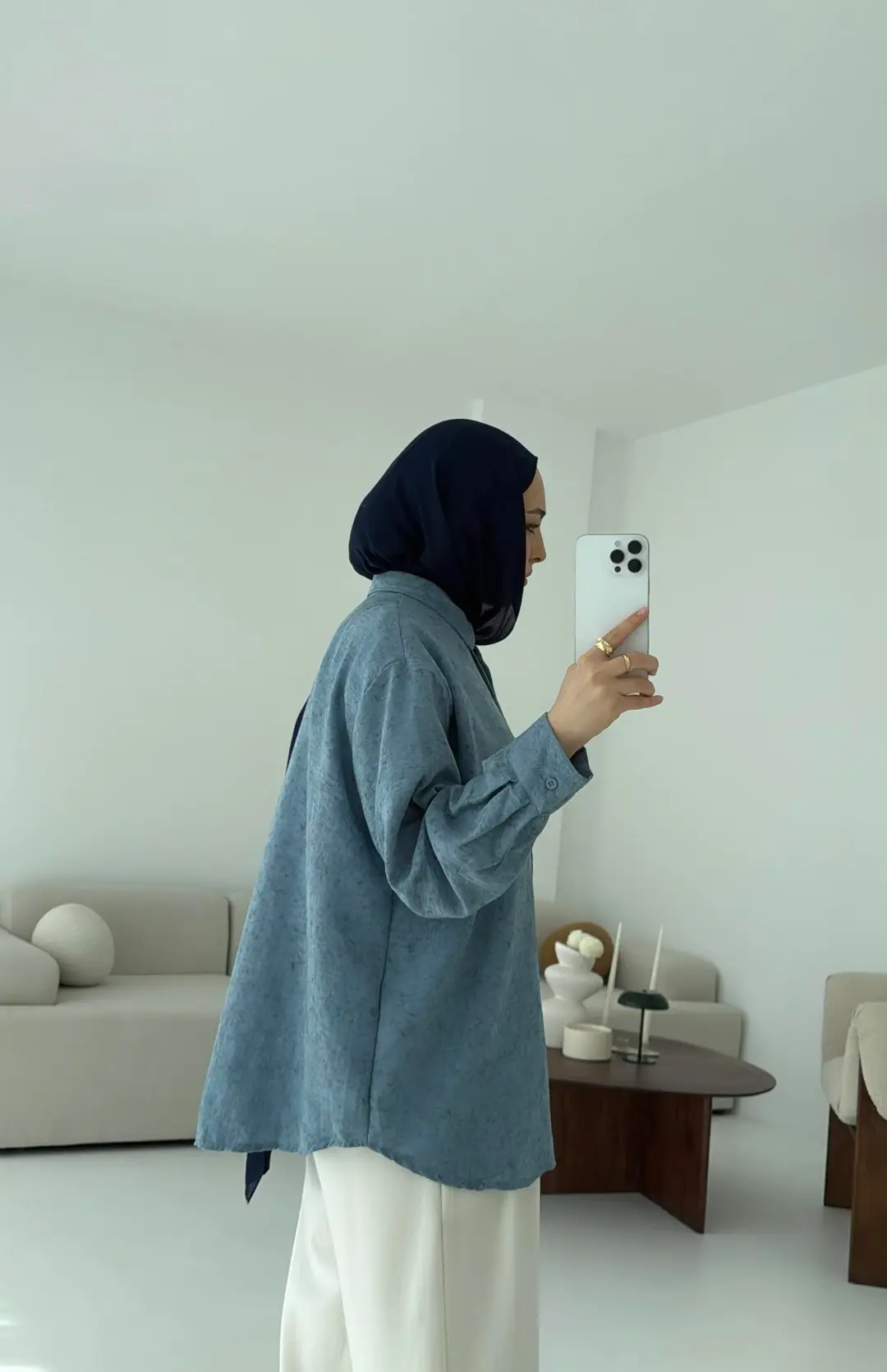 Batik Bambu Keten Gömlek Mavi - Görsel 5