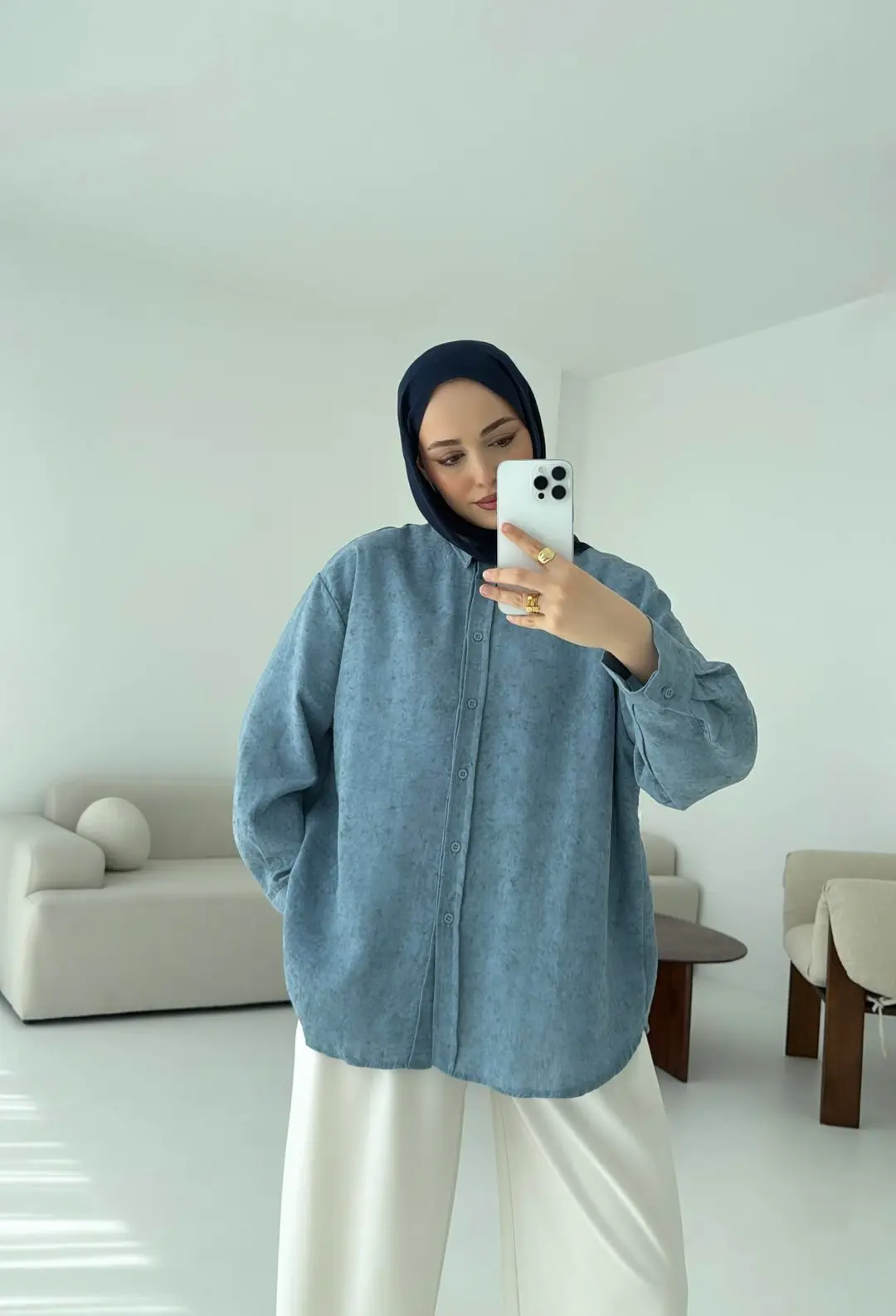 Batik Bambu Keten Gömlek Mavi - Görsel 6