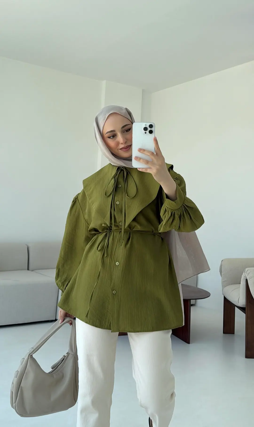 Bebe Yaka Bağlamalı Gömlek Olive - Görsel 2