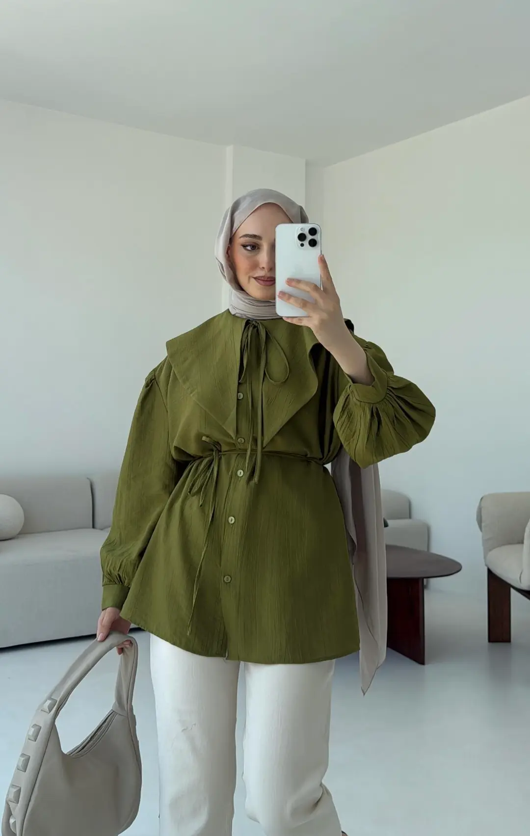 Bebe Yaka Bağlamalı Gömlek Olive - Görsel 3