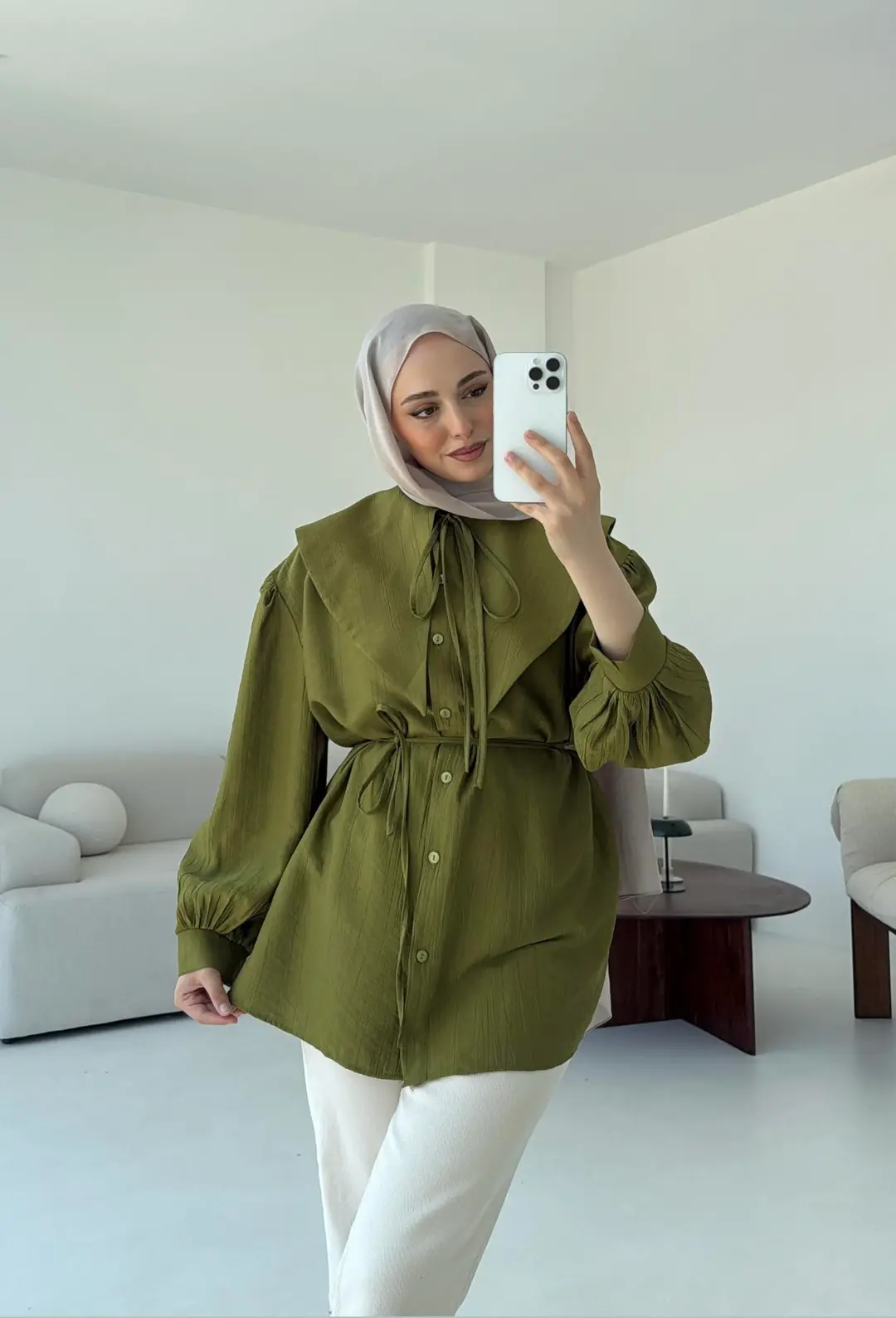 Bebe Yaka Bağlamalı Gömlek Olive - Görsel 5