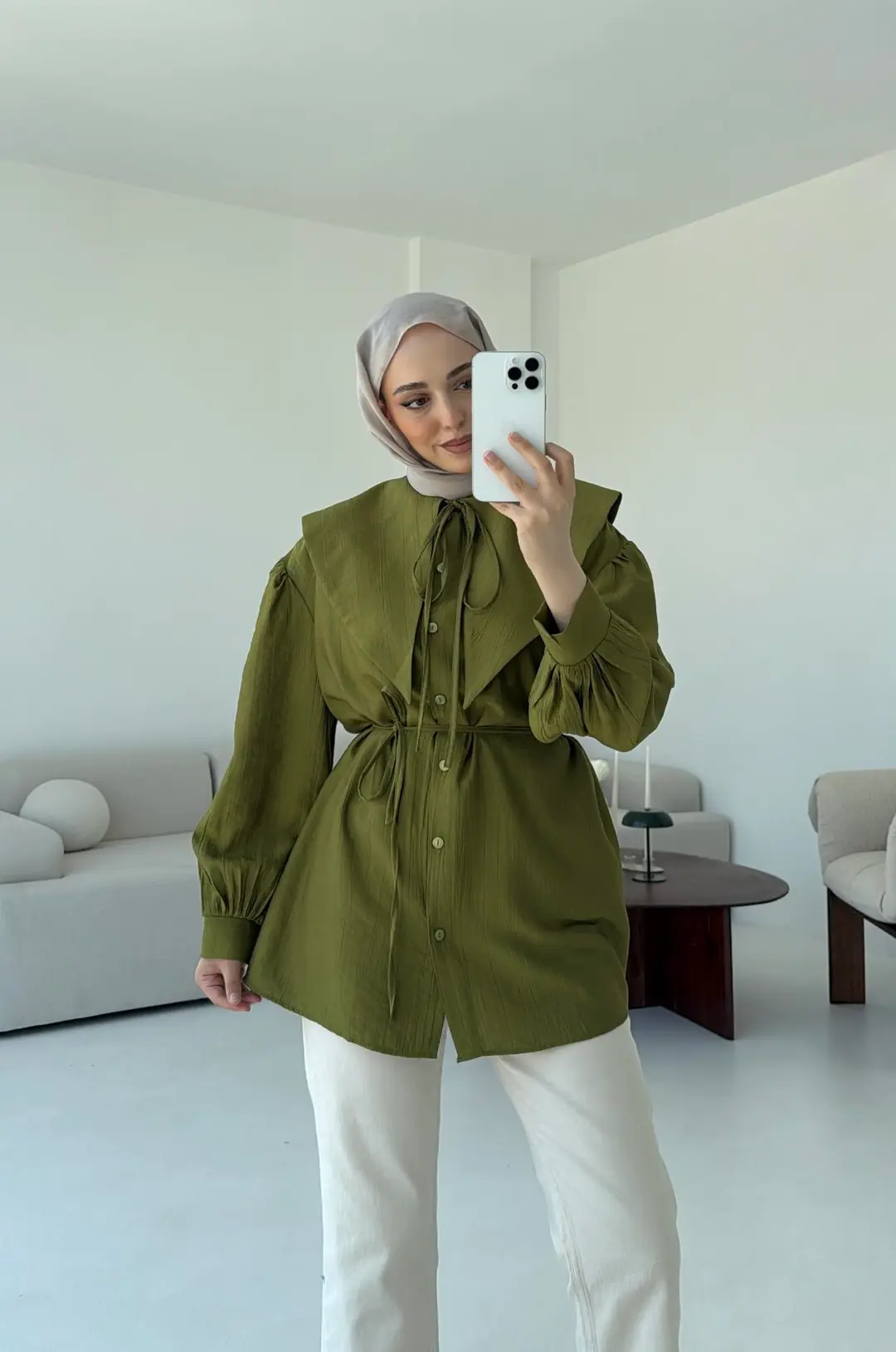 Bebe Yaka Bağlamalı Gömlek Olive - Görsel 7