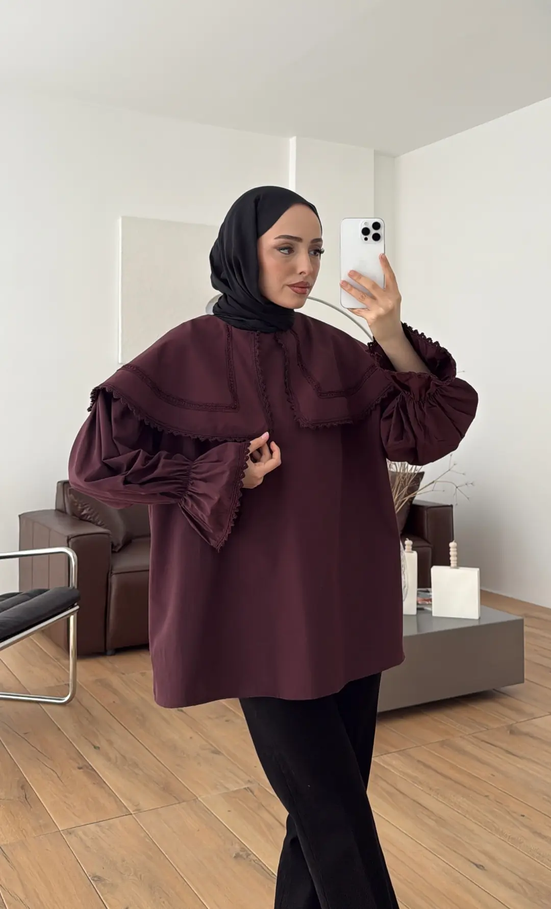 Bebe Yaka Dantel Geçişli Gömlek Bordo - Görsel 2