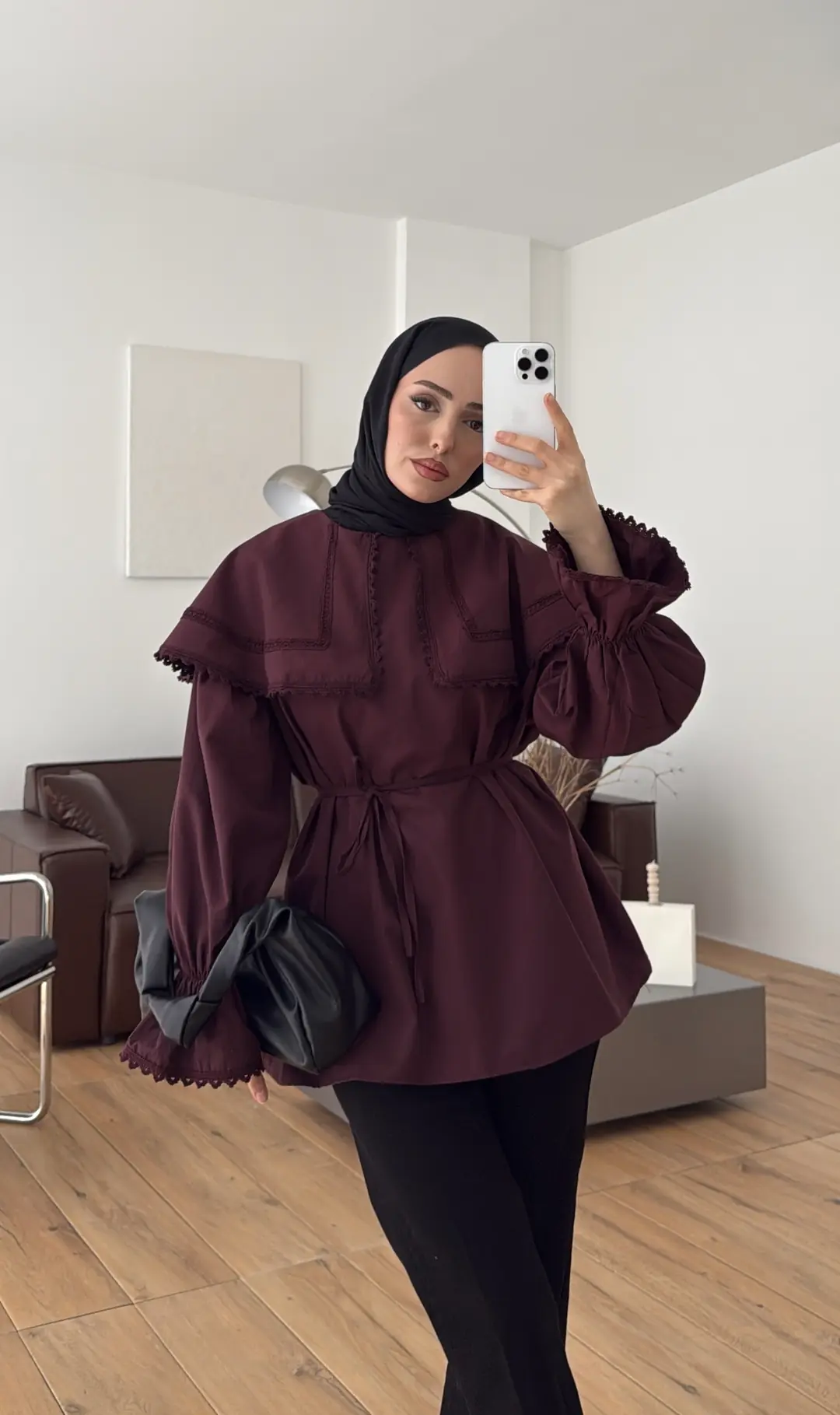 Bebe Yaka Dantel Geçişli Gömlek Bordo - Görsel 3