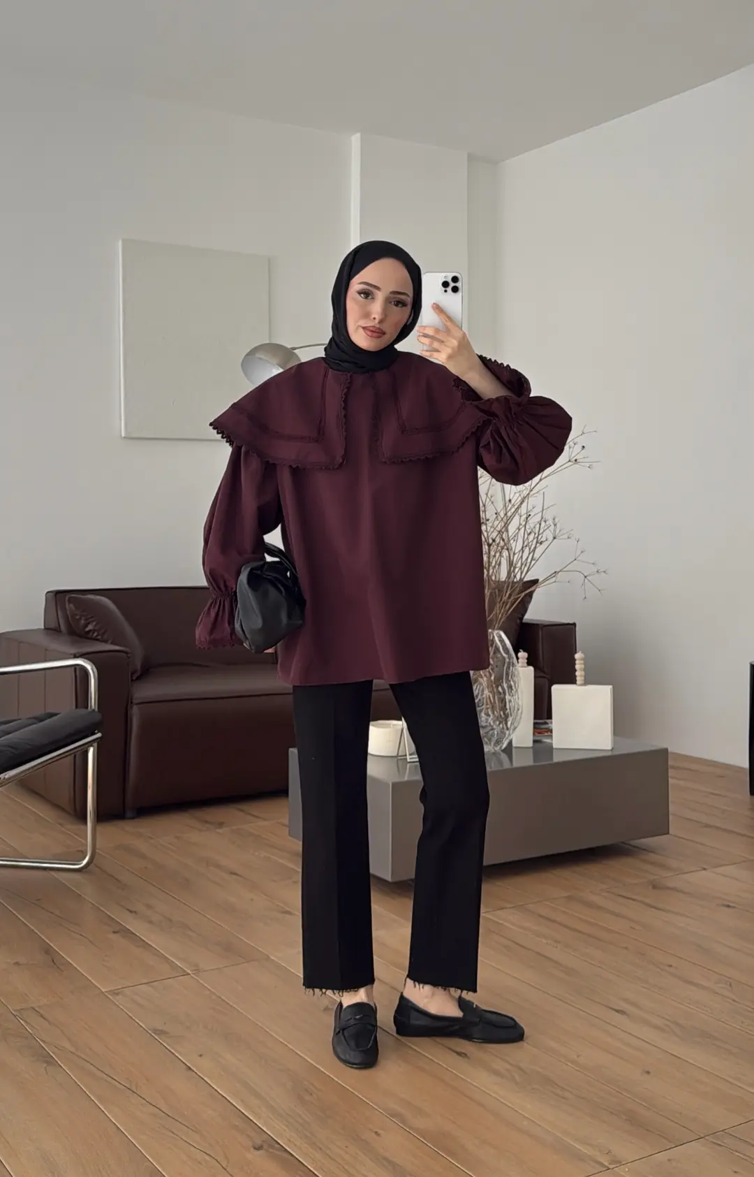 Bebe Yaka Dantel Geçişli Gömlek Bordo - Görsel 4