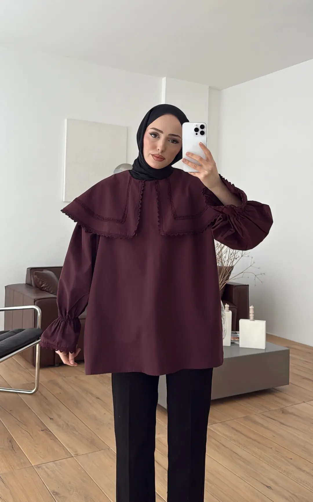 Bebe Yaka Dantel Geçişli Gömlek Bordo - Görsel 5