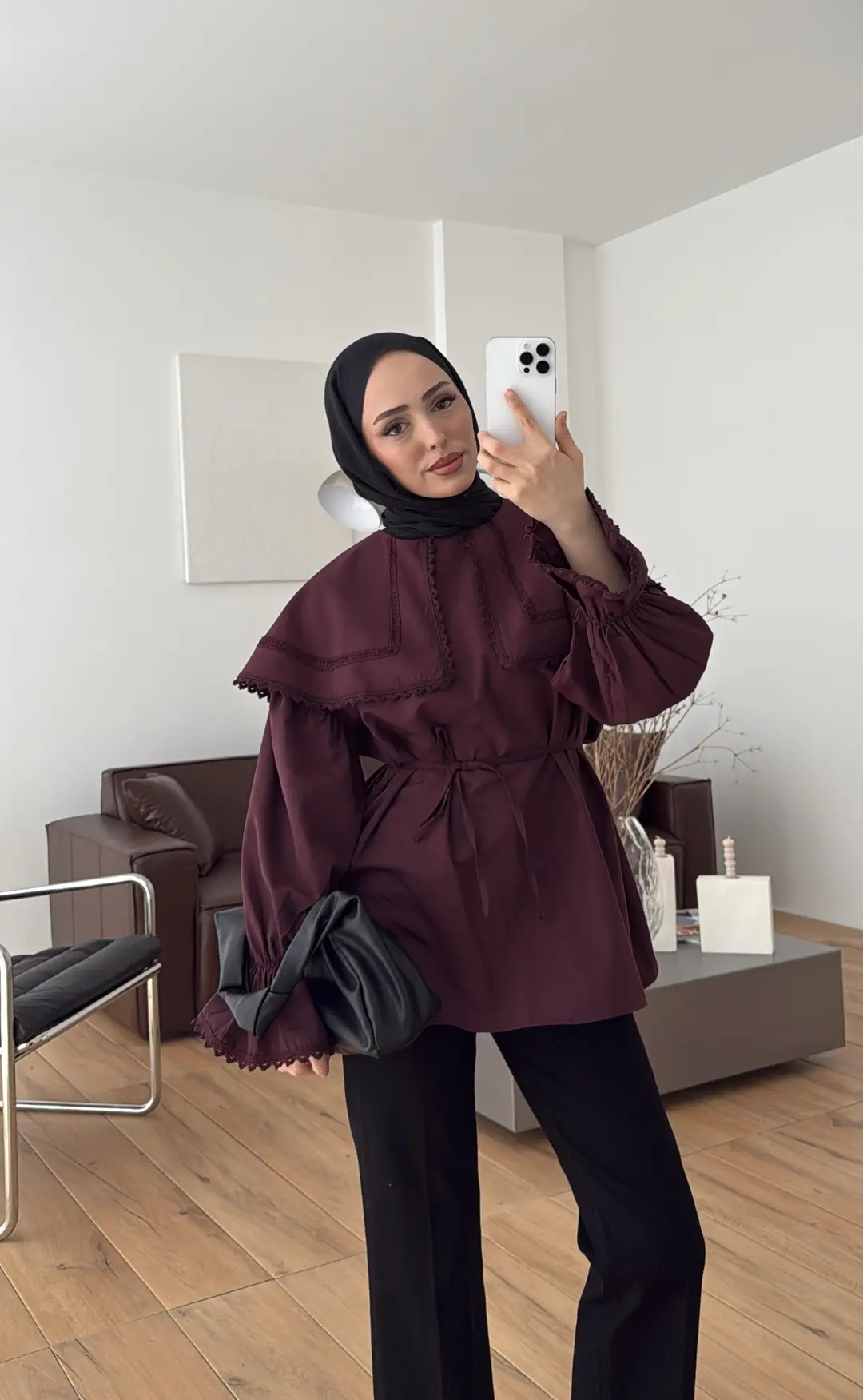 Bebe Yaka Dantel Geçişli Gömlek Bordo - Görsel 6