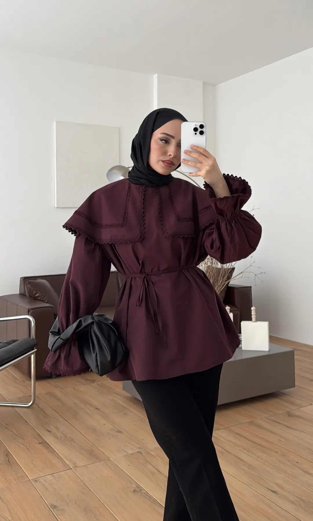 Bebe Yaka Dantel Geçişli Gömlek Bordo - Görsel 7