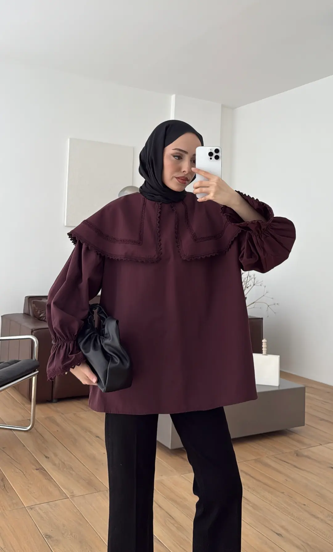 Bebe Yaka Dantel Geçişli Gömlek Bordo - Görsel 9