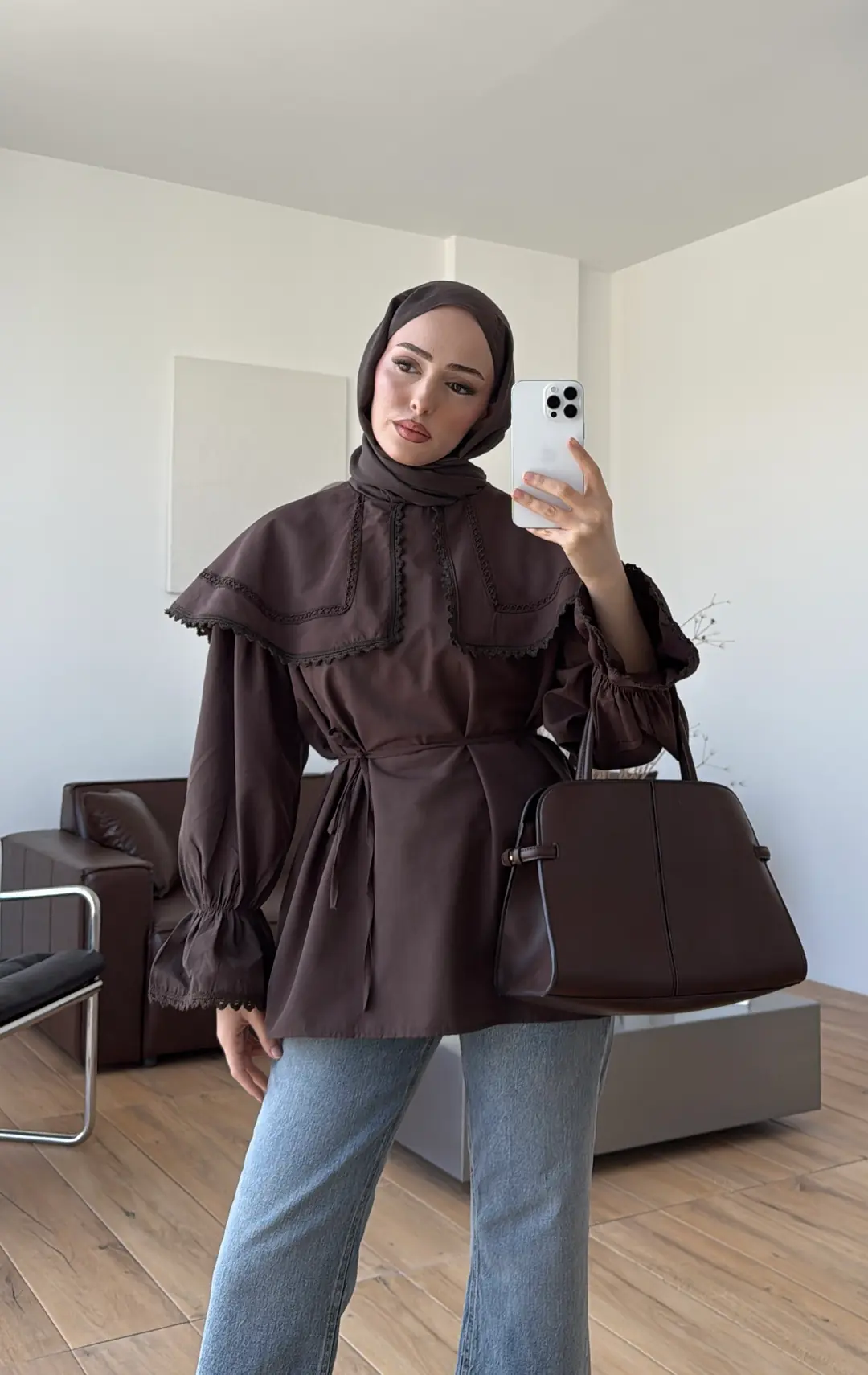 Bebe Yaka Dantel Geçişli Gömlek Kahve - Görsel 3