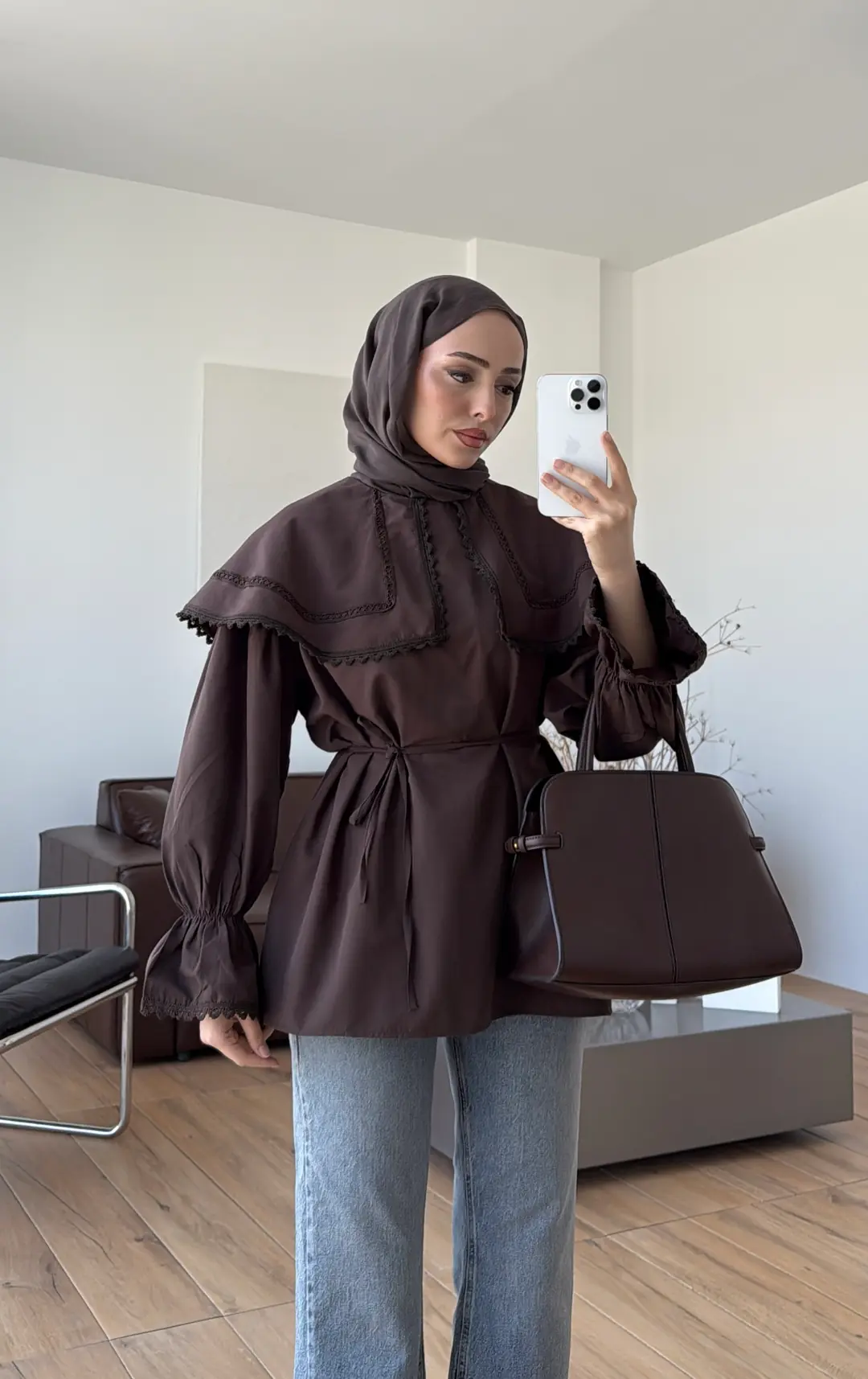 Bebe Yaka Dantel Geçişli Gömlek Kahve - Görsel 6