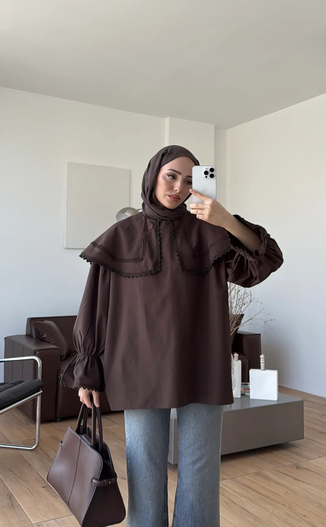 Bebe Yaka Dantel Geçişli Gömlek Kahve - Görsel 7