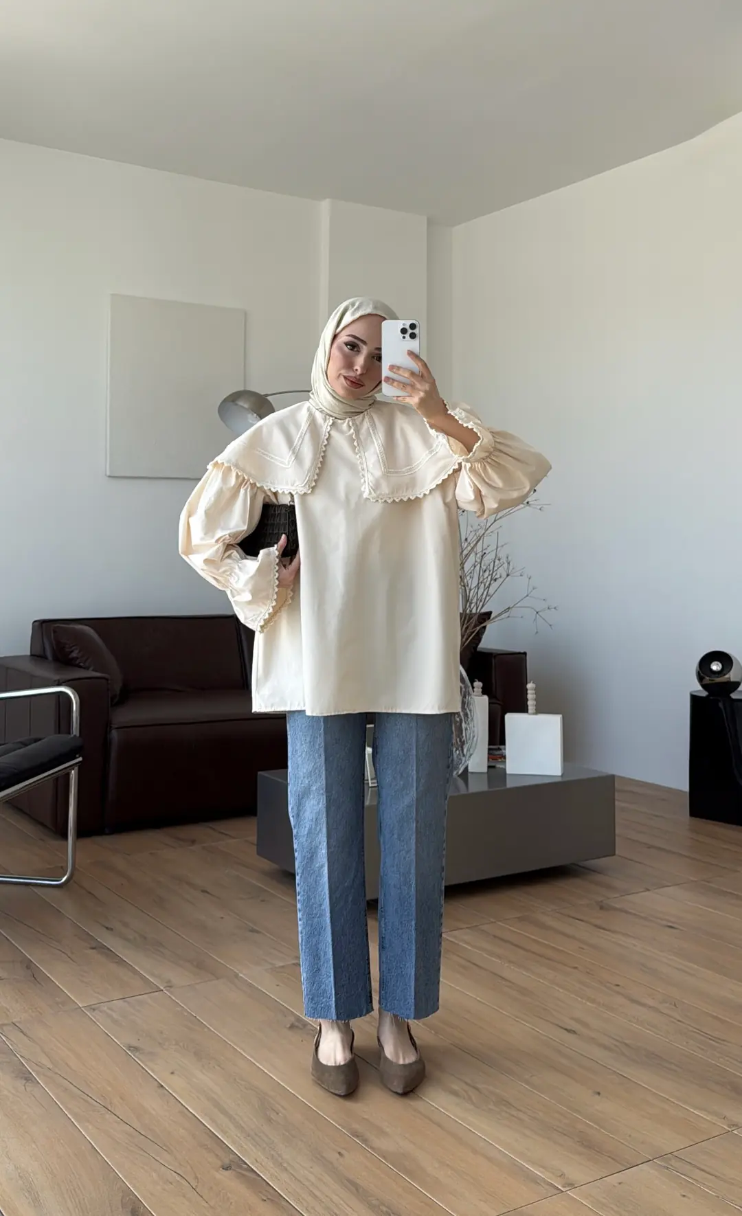 Bebe Yaka Dantel Geçişli Gömlek Krem - Görsel 10