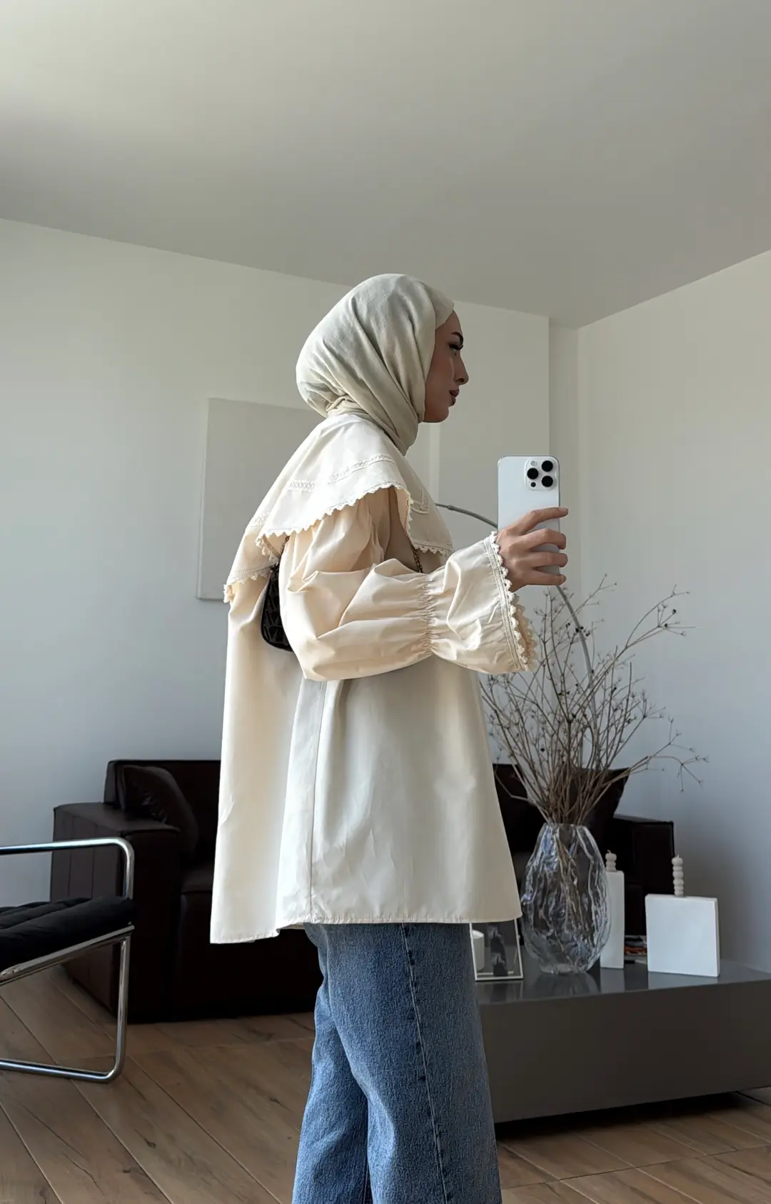 Bebe Yaka Dantel Geçişli Gömlek Krem - Görsel 6