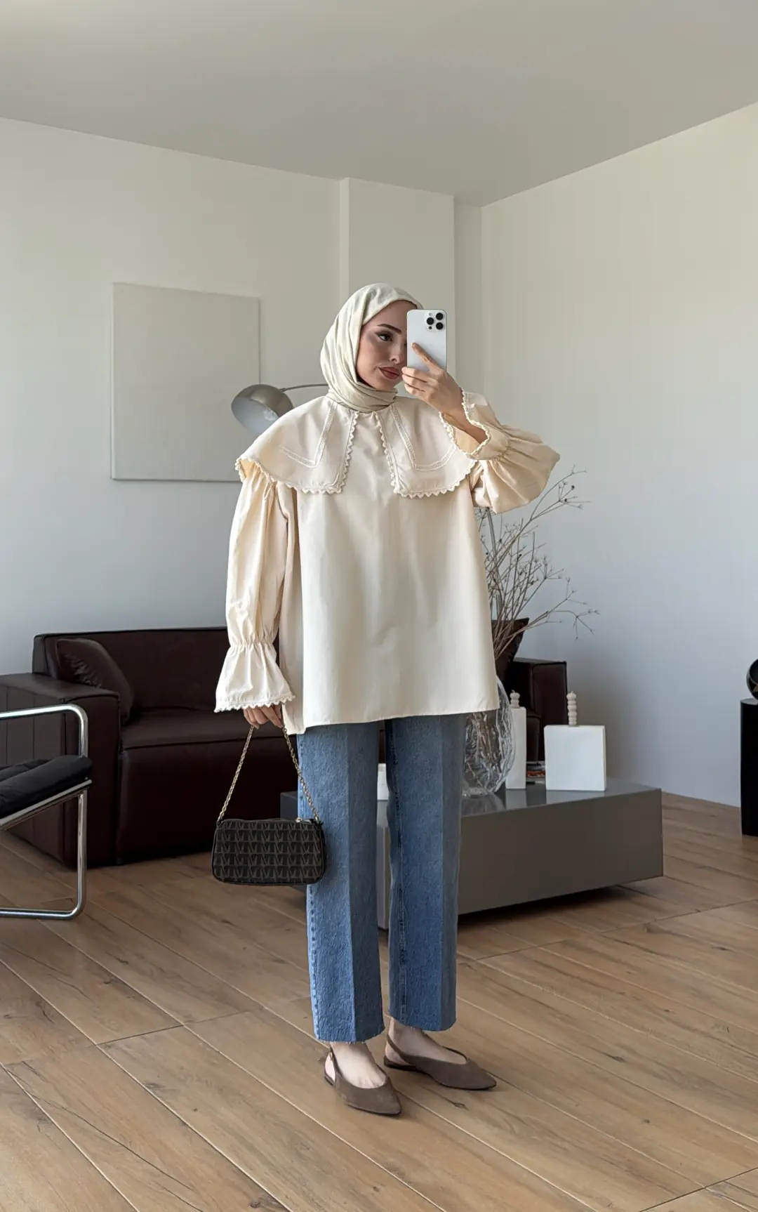 Bebe Yaka Dantel Geçişli Gömlek Krem - Görsel 9