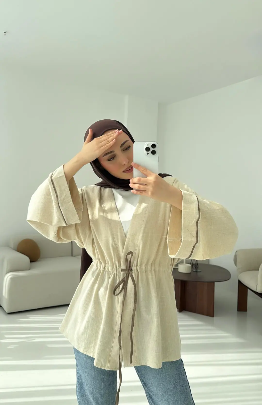 Bej Bağlamalı Kimono