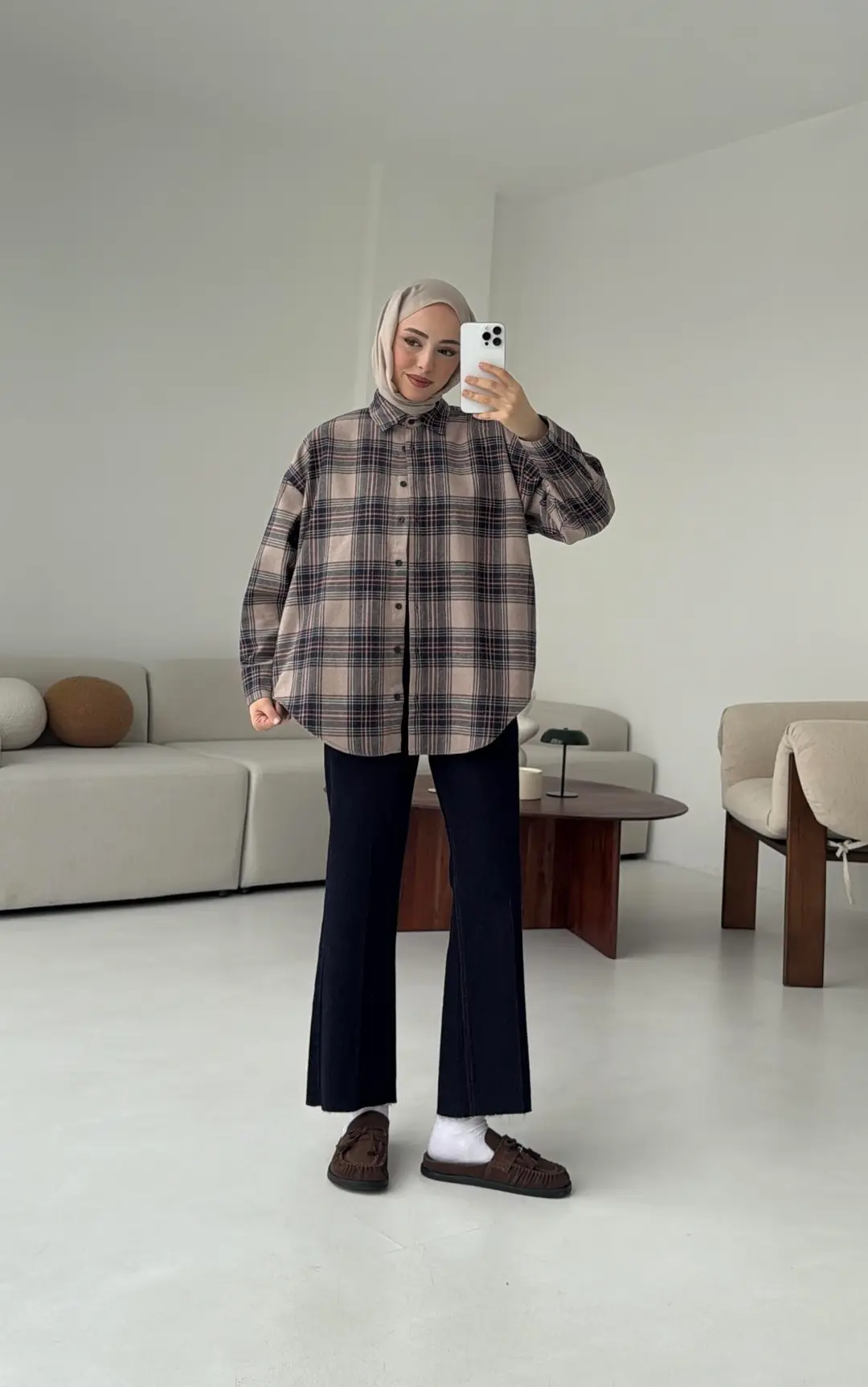 Bej Ekose Gömlek - Görsel 5