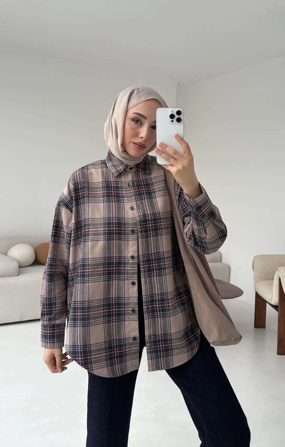 Bej Ekose Gömlek - Görsel 6