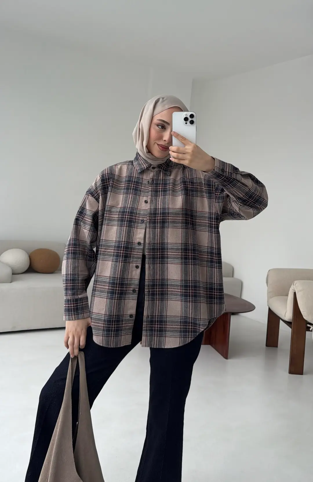 Bej Ekose Gömlek - Görsel 8