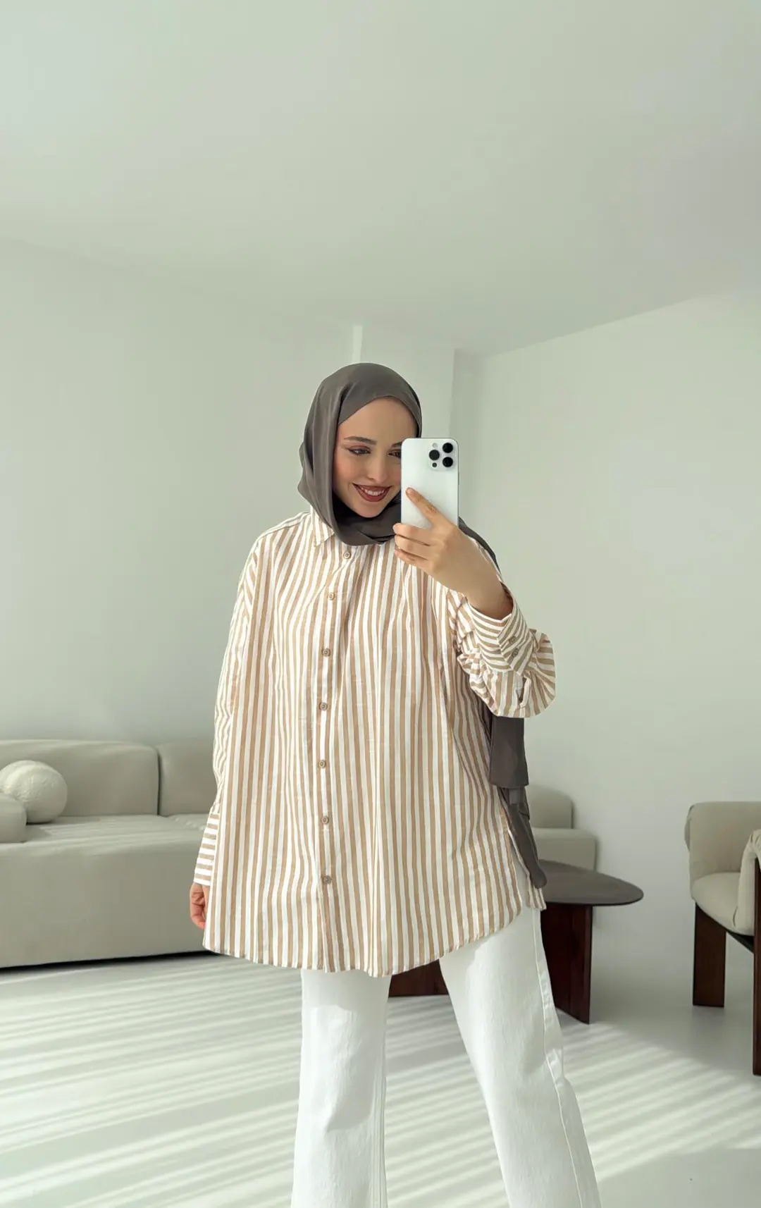 Bej/beyaz Çizgili Gömlek