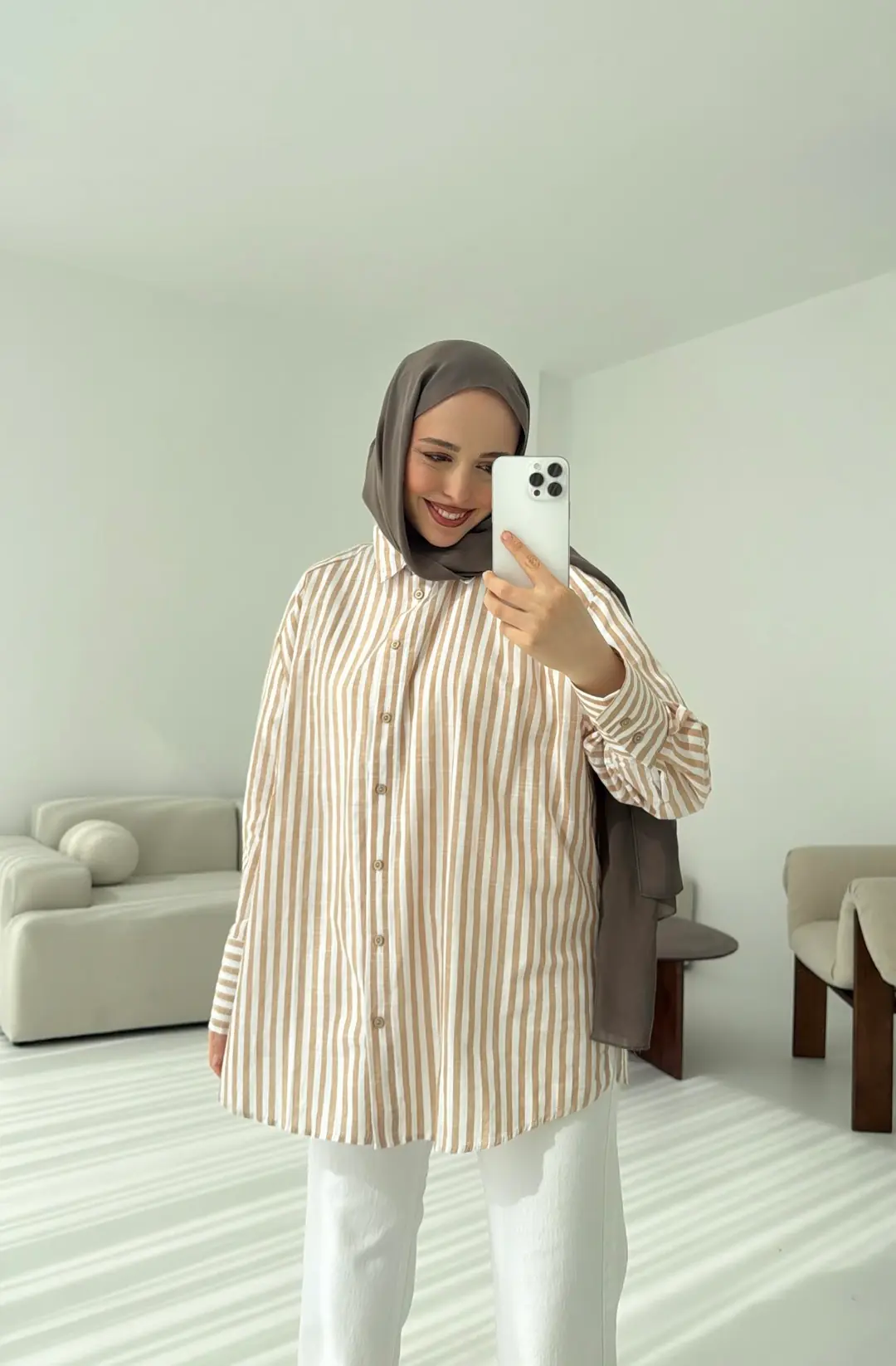 Bej/beyaz Çizgili Gömlek - Görsel 2