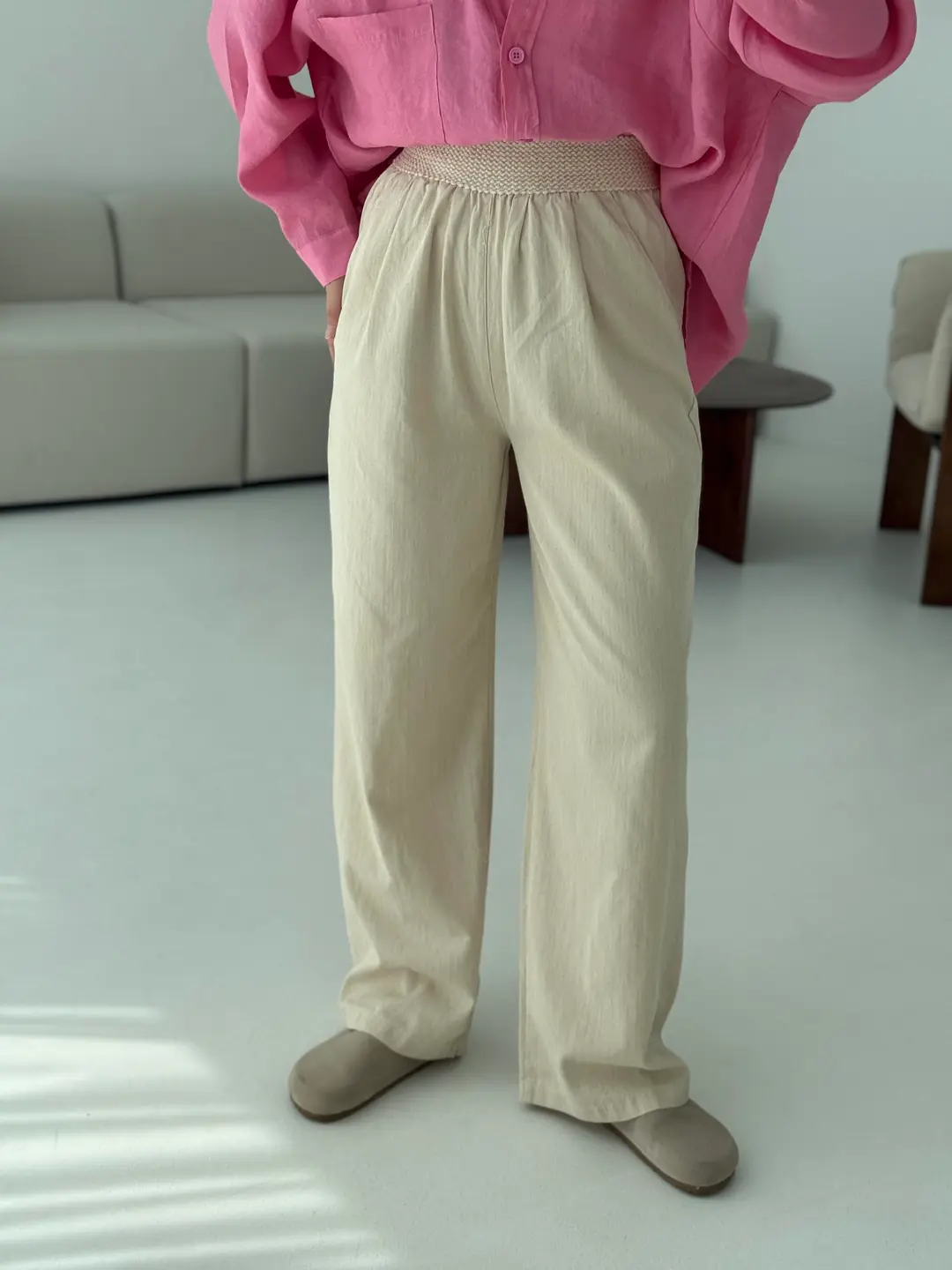 Bel Detaylı Keten Pantolon