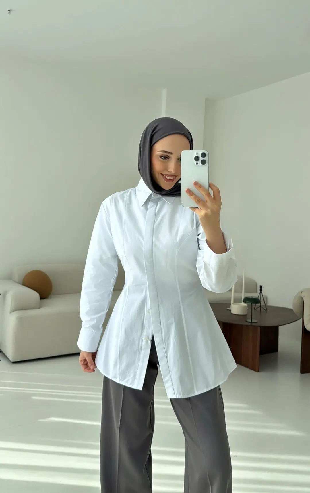 Belden Oturtmalı Poplin Gömlek Beyaz - Görsel 2