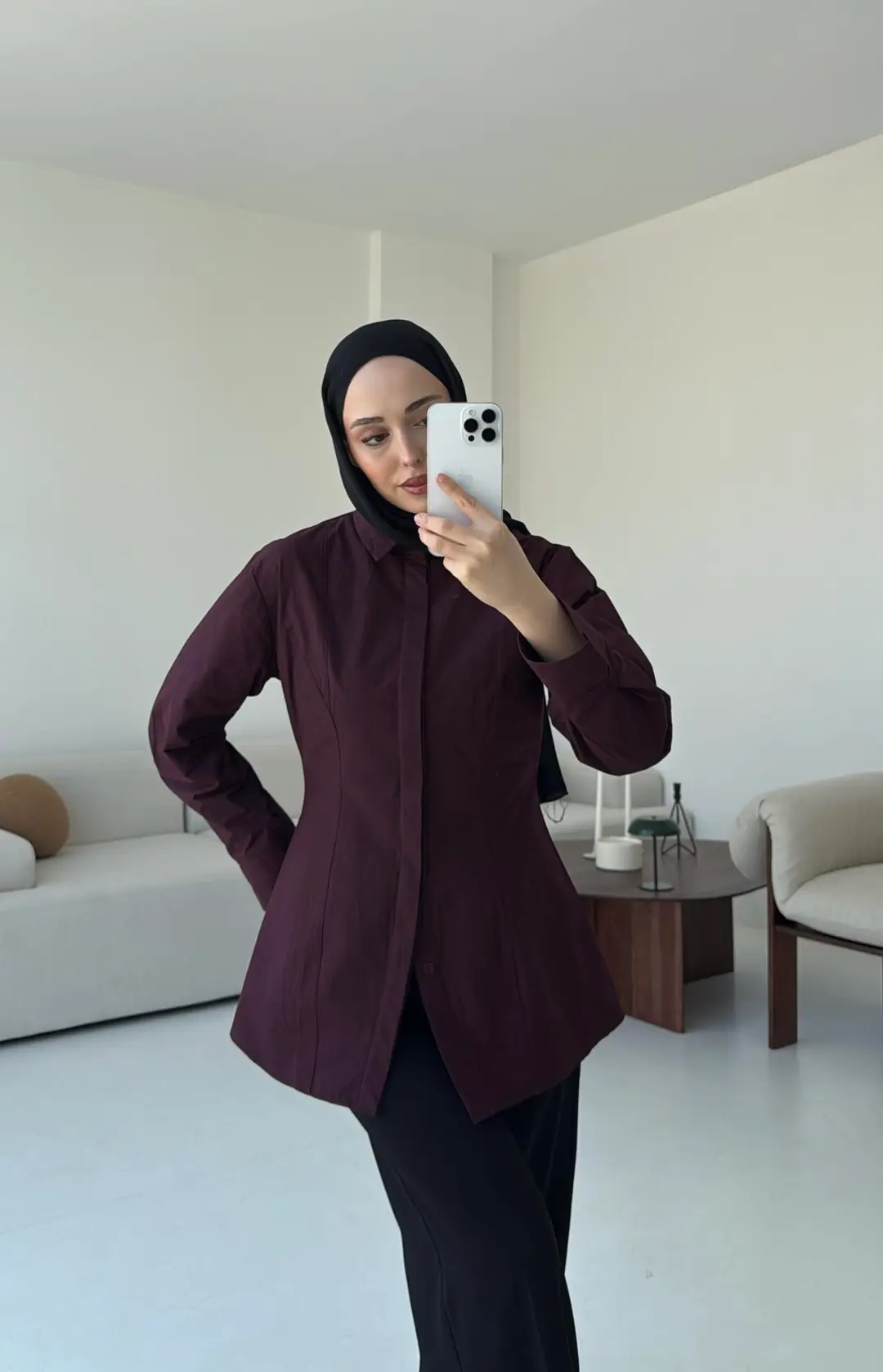 Belden Oturtmalı Poplin Gömlek Bordo - Görsel 2