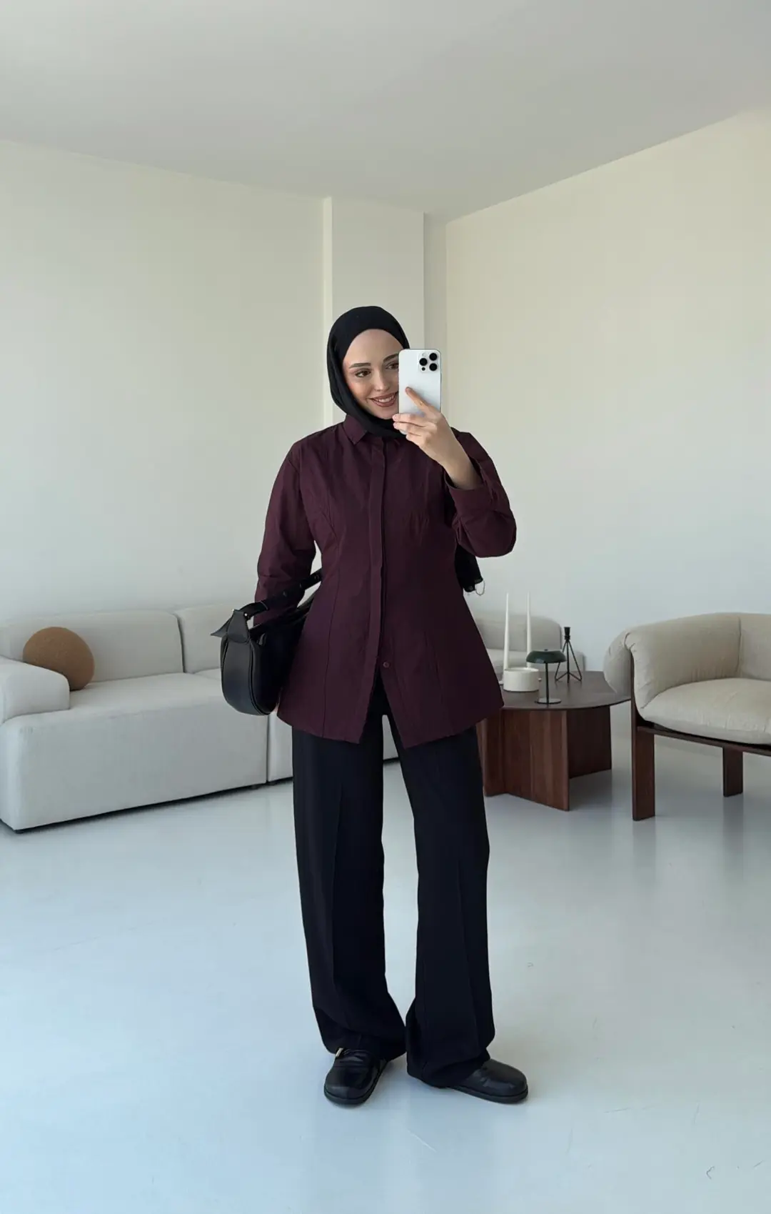 Belden Oturtmalı Poplin Gömlek Bordo - Görsel 3