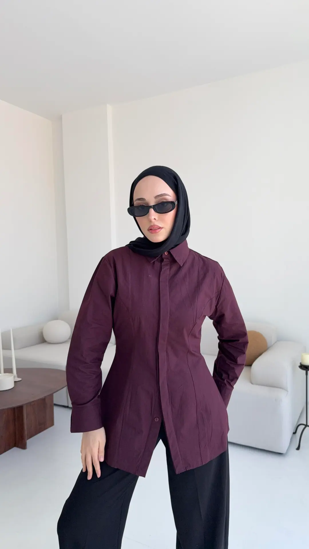 Belden Oturtmalı Poplin Gömlek Bordo - Görsel 4