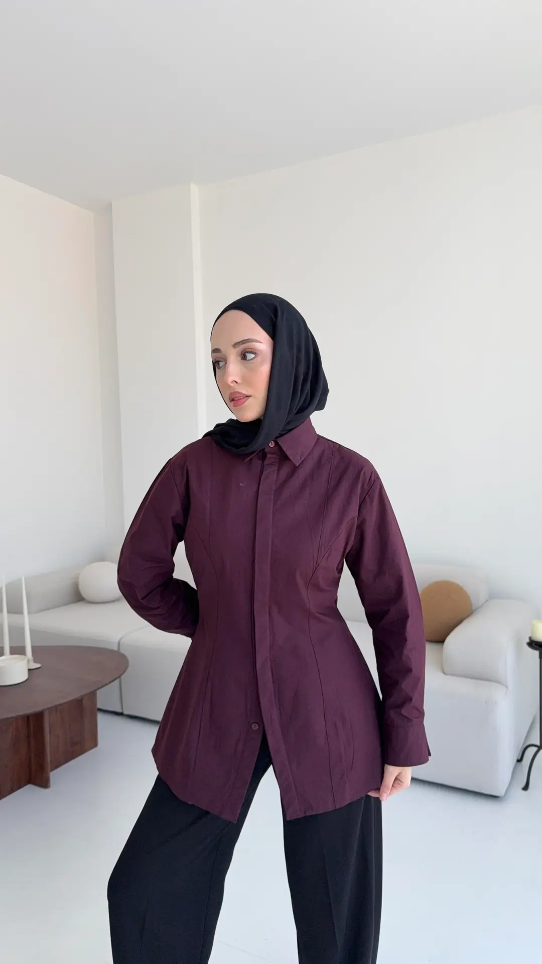 Belden Oturtmalı Poplin Gömlek Bordo - Görsel 6