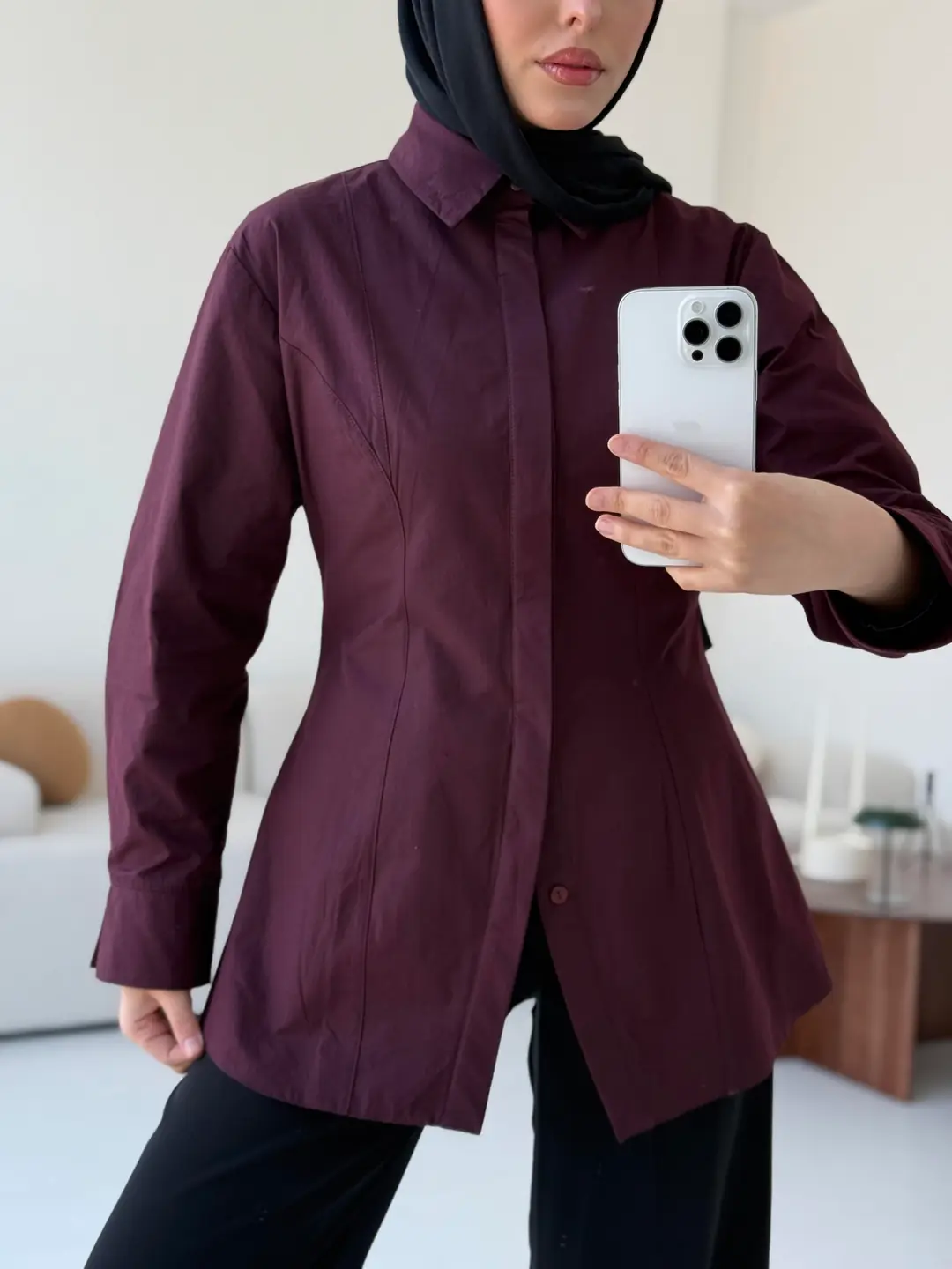 Belden Oturtmalı Poplin Gömlek Bordo - Görsel 8