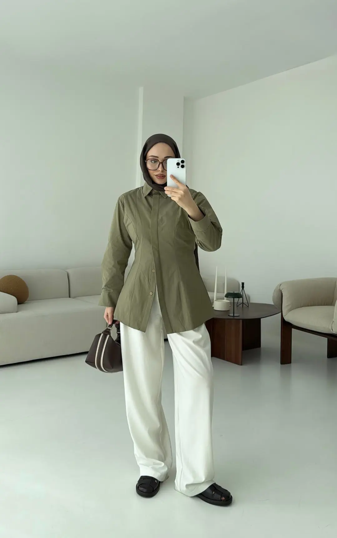 Belden Oturtmalı Poplin Gömlek Haki