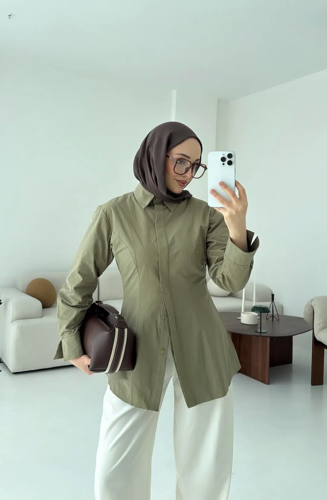 Belden Oturtmalı Poplin Gömlek Haki - Görsel 2