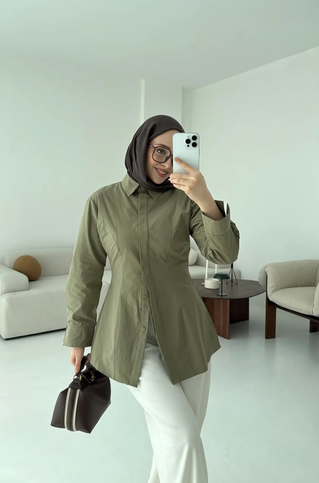 Belden Oturtmalı Poplin Gömlek Haki - Görsel 3