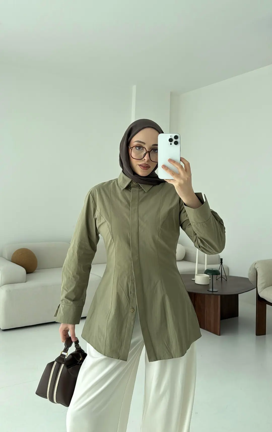 Belden Oturtmalı Poplin Gömlek Haki - Görsel 4