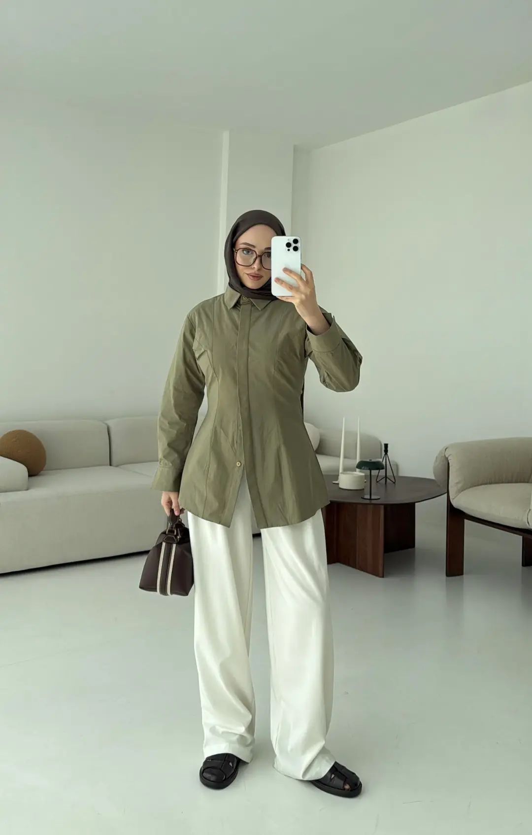 Belden Oturtmalı Poplin Gömlek Haki - Görsel 5