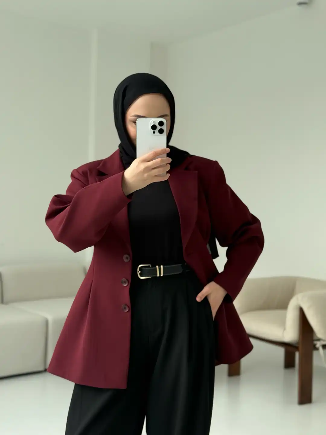 Belden Oturtmalı Tasarım Ceket Bordo - Görsel 6