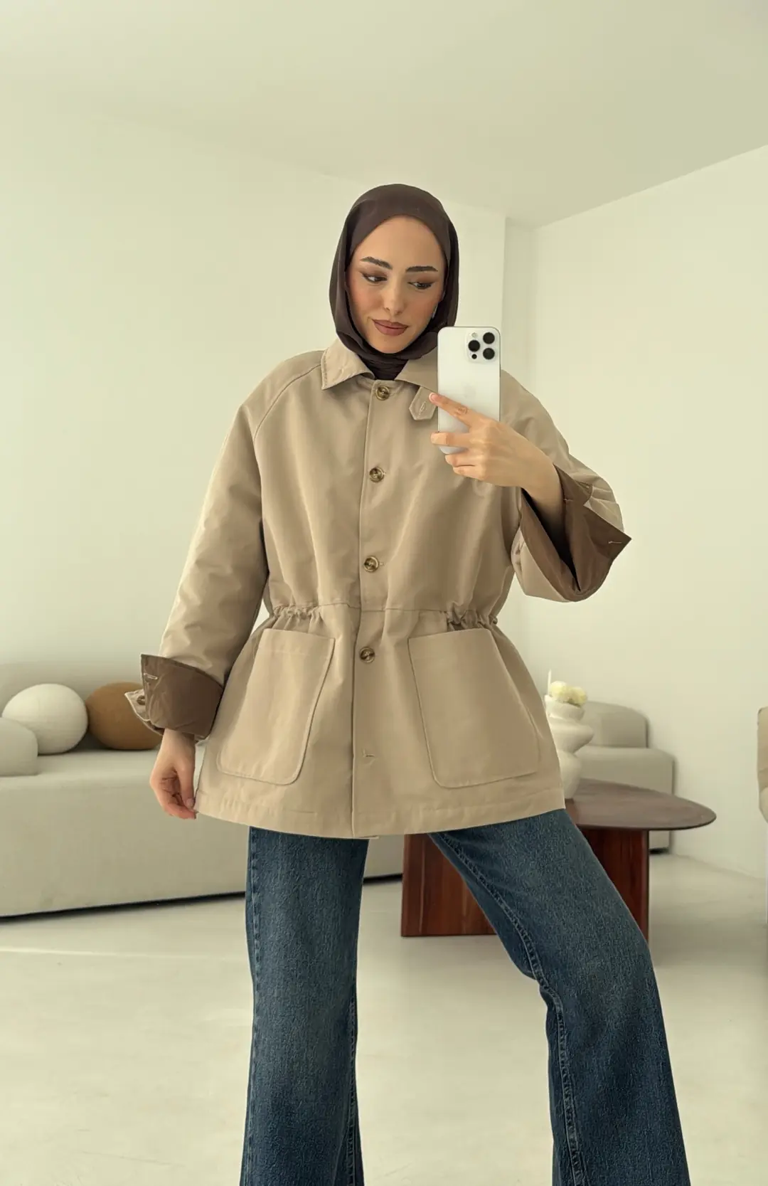 Beli Kordonlu Dolgulu Ceket Bej - Görsel 4