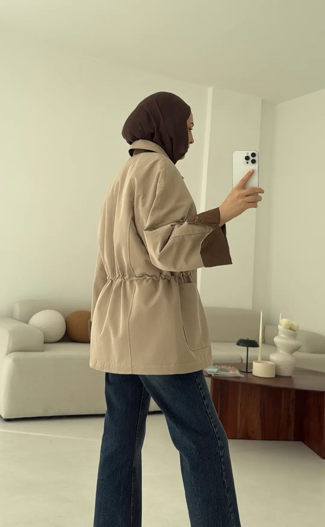 Beli Kordonlu Dolgulu Ceket Bej - Görsel 5